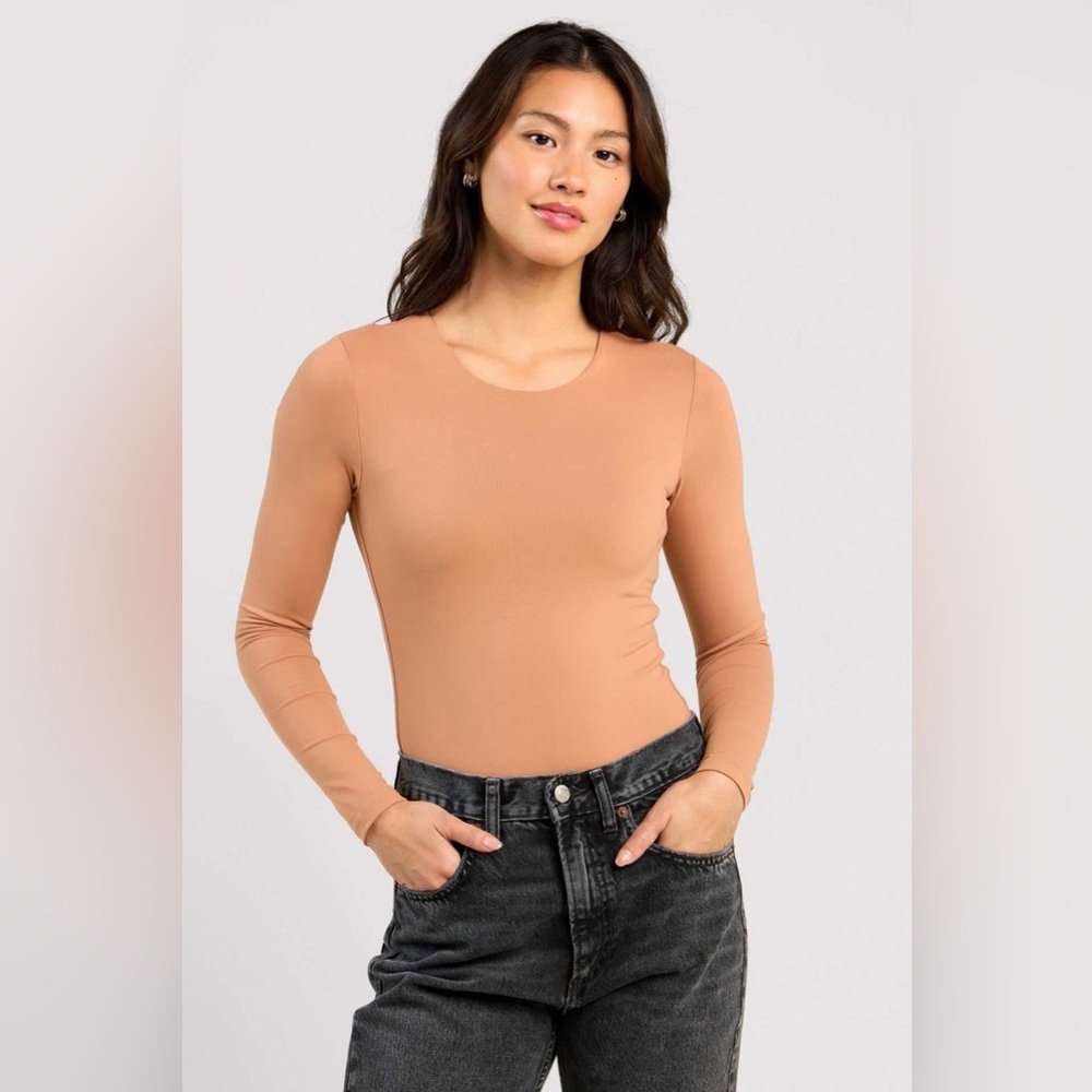 Nuuds Long Sleeve Crewneck Thong Bodysuit In Clay Size Small